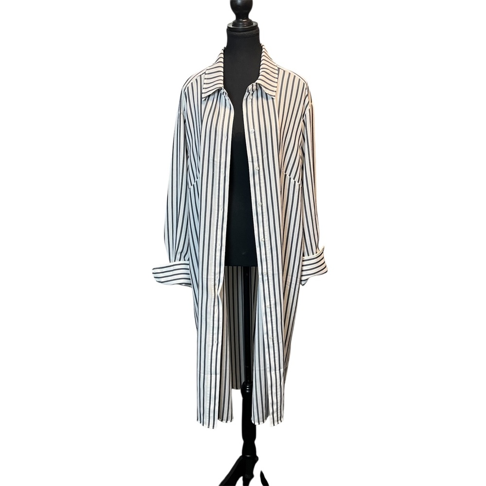H&M Black Off White Shirt Dress with Dark Grey Striped Size US L
